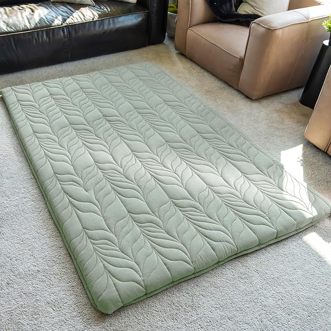 ZonLi Japanese Floor Mattress Futon Mattress Twin Size, Thicken Roll Up Tatami Mat w/ 100% Cotton Washable Cover, Portable & Foldable Floor Bed Mattress for Sleeping, Dormitory, Adult Kids, Green
