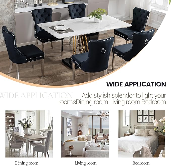 KCC Velvet Dining Chairs Set of 6, Upholstered High-end Tufted Dining Room Chair with Nailhead Back Ring Pull Trim Stainless Steel Legs, Contemporary Nikki Collection Modern Style for Kitchen, Black