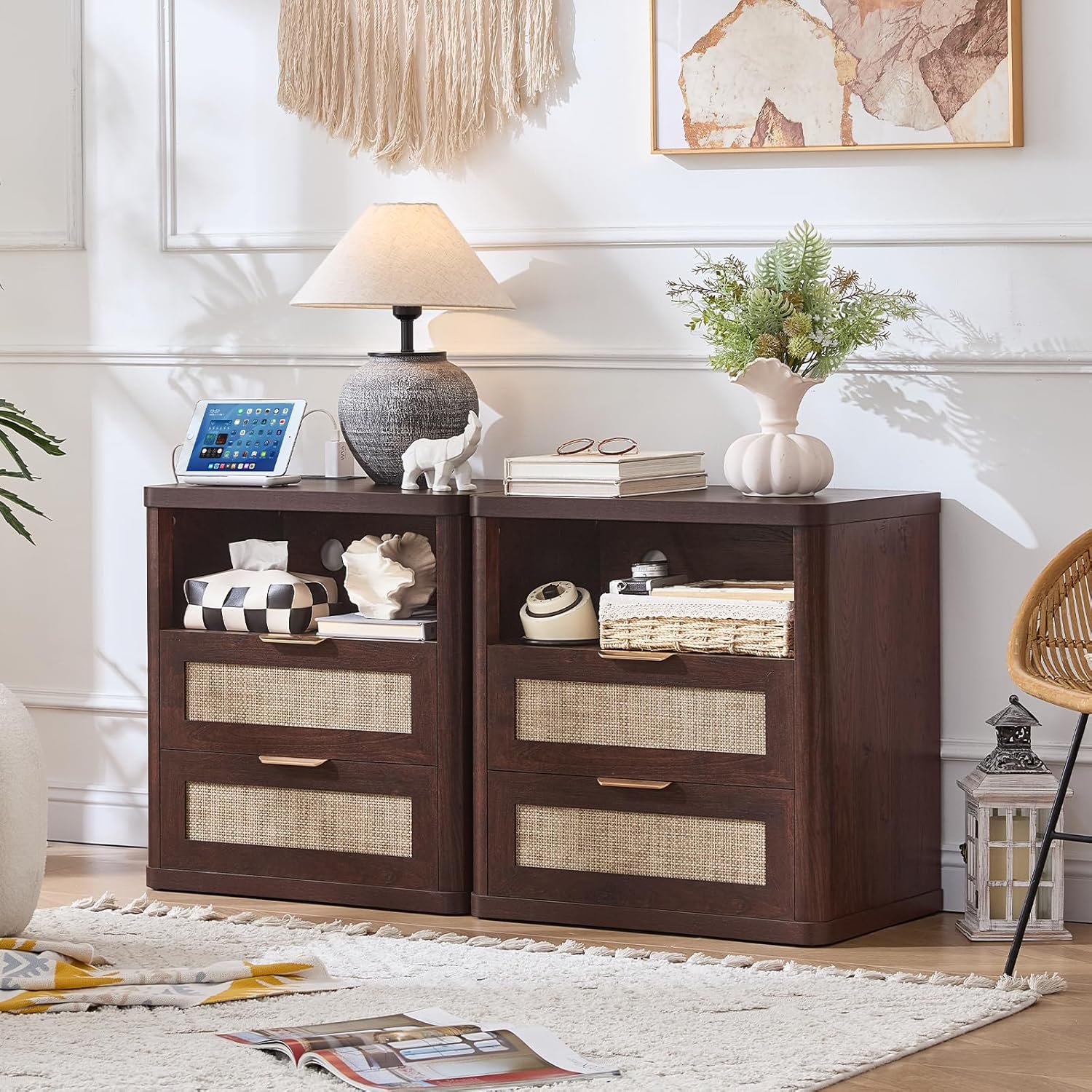 LEYAOYAO Rattan Nightstands Set of 2 with Charger Station, 23" Wide Boho Night Stand with 2 Drawers, Bedside Table Open Shlef, Bed Side End Table Dresser for Bedroom, Living Room Hallway, Walnut