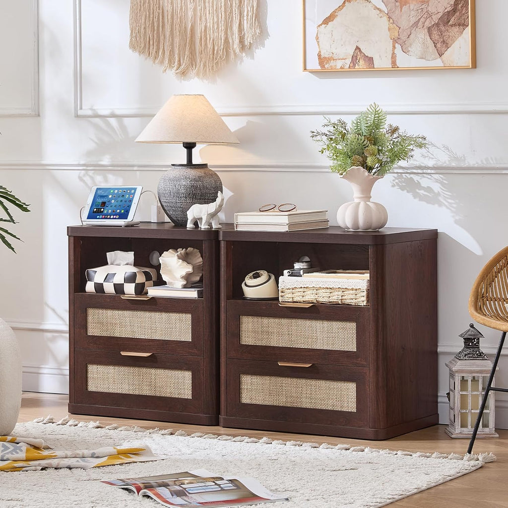 LEYAOYAO Rattan Nightstands with Charger Station, 23" Wide Boho Night Stand with 2 Drawers, Bedside Table Open Shlef, Bed Side End Table Dresser for Bedroom, Living Room Hallway, Walnut