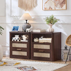 LEYAOYAO Rattan Nightstands with Charger Station, 23" Wide Boho Night Stand with 2 Drawers, Bedside Table Open Shlef, Bed Side End Table Dresser for Bedroom, Living Room Hallway, Walnut