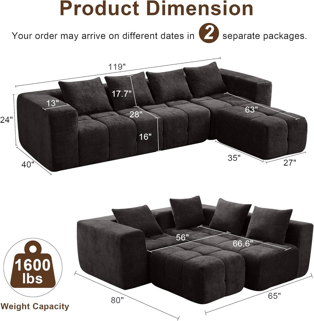 119" Couch, Cloud Sectional Couch with Deep Seat, High-Density Memory Fo...