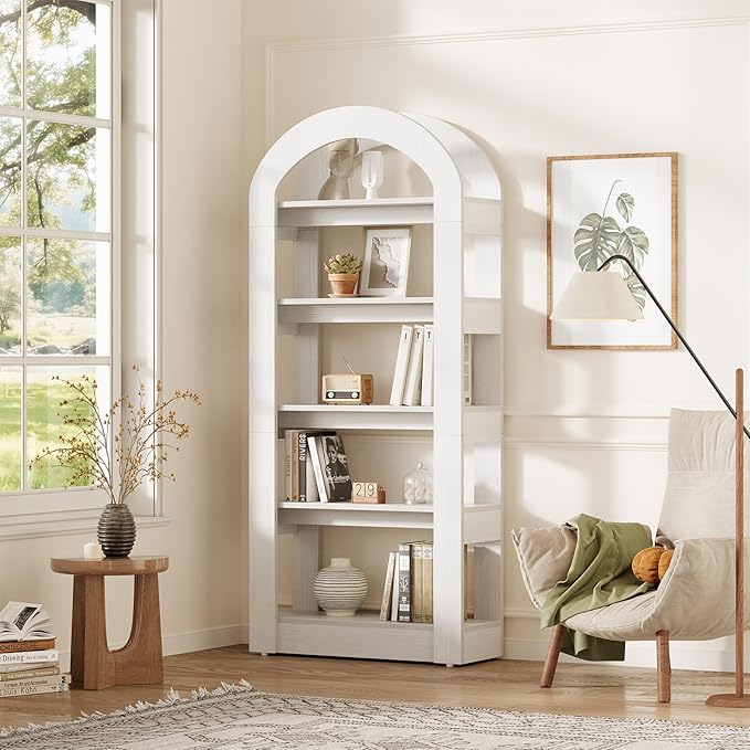 LITTLE TREE 5-Tier Bookshelf, Arch-Shaped Racks, Tall Standing Wooden Bookcase Display Shelf Modern Storage Solution, White