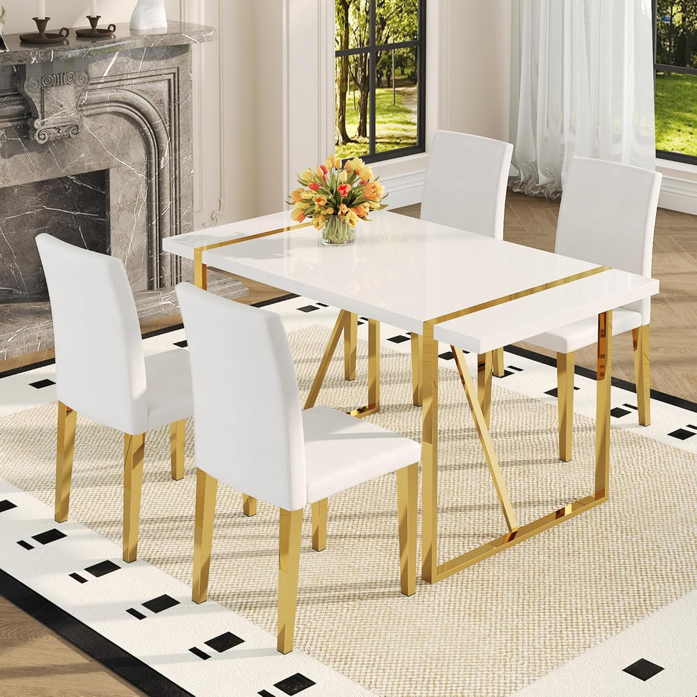 55" White Dining Table Set for 4, Modern Dining Table Set for 4, White G...