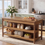 63" Solid Wood Kitchen Island Table with Storage & Seating | Three-Tier Storage, Full-Length Open Shelves, Counter Stool Compatible, Elegant Turned Legs, Farmhouse Style