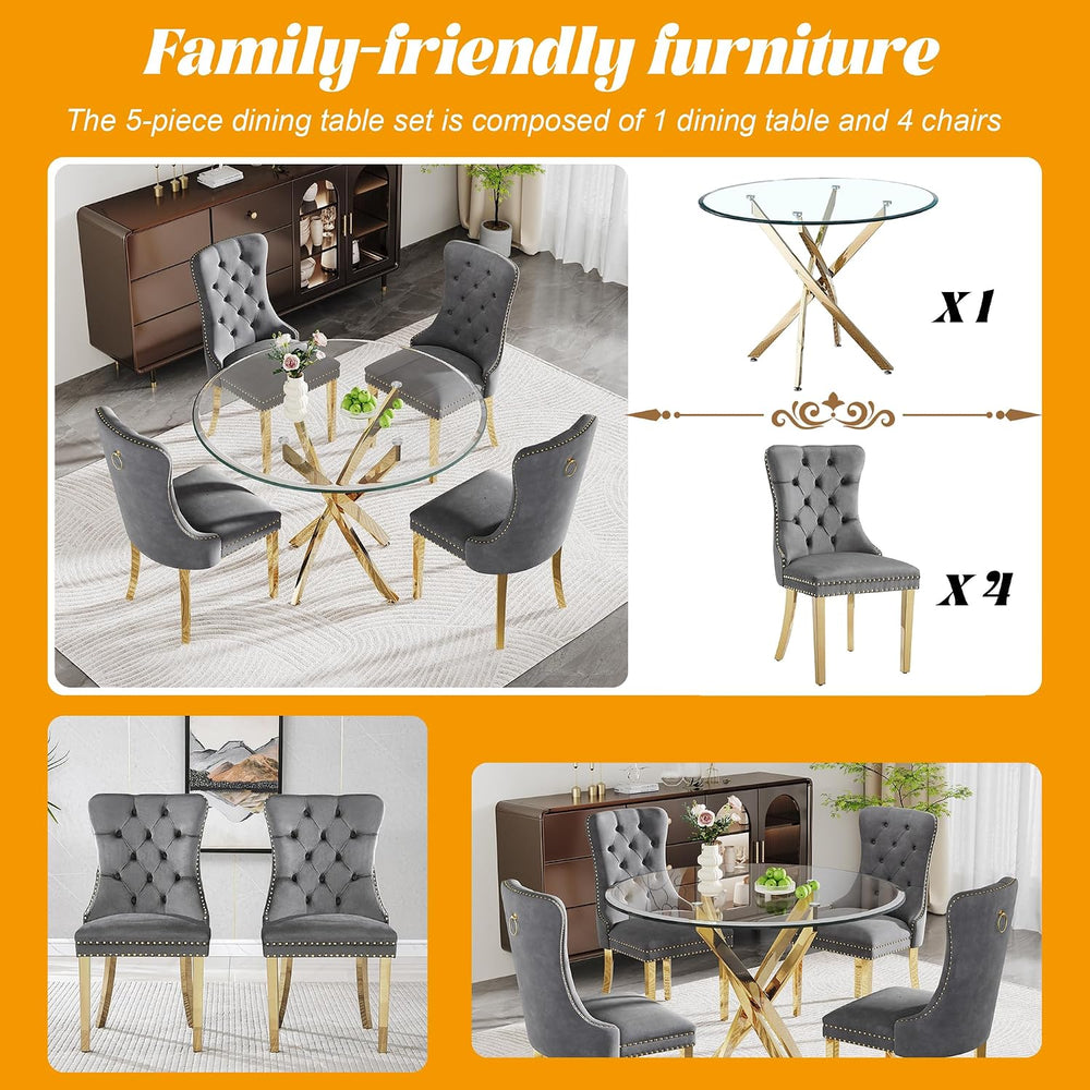 Glass Dining Table Set for 4, 5-Piece Round Tempered Glass Kitchen Table Set ...