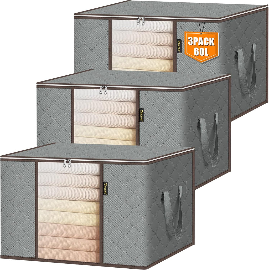 BALEINE 3 Pack Clothes Storage Bags, 16 Gallon Storage Containers with Reinforced Handle, Sturdy Zipper, Closet Organizer for Blanket, Comforter, Pillow, Bedding (Grey, 3 Pack)