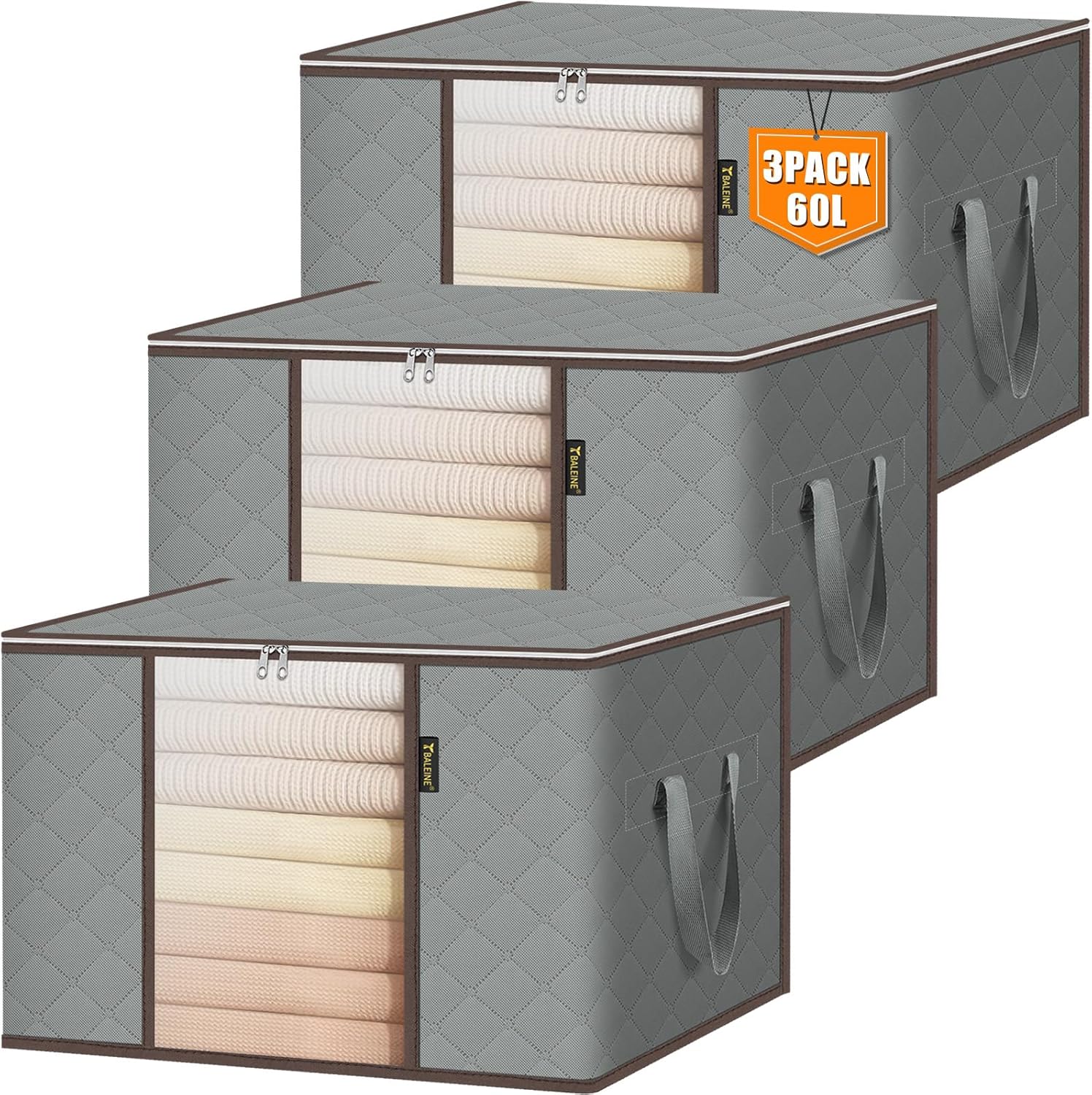 BALEINE 3 Pack Clothes Storage Bags, 16 Gallon Storage Containers with Reinforced Handle, Sturdy Zipper, Closet Organizer for Blanket, Comforter, Pillow, Bedding (Grey, 3 Pack)