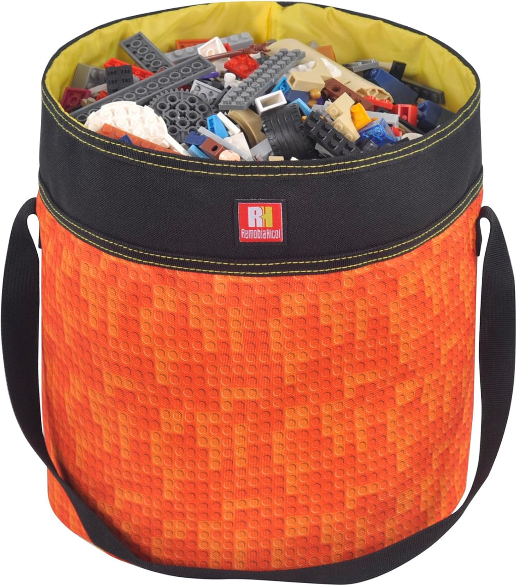 Toy Storage Organizer Basket Bag with Drawstring for Buliding Bricks, Blockets,Puzzles,Playroom Cinch Bucket Carrying Bag with Handle (Orange)