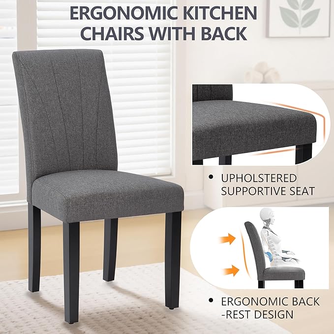 VECELO Upholstered Dining Chairs Set of 2, Modern Fabric and High Back & Solid Wood Legs, Parsons for Kitchen/Living Room- Dark Gray