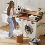 2-Tier Washer Dryer Countertop with 2.75" H Edge Rails, 58" W x 28" D Laundry Countertop for Folding Clothes, Washer and Dryer Topper with Non-Slip Pad (Dark Walnut)