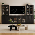TUSY 71" TV Stand Storage Set - 2 Tall Bookcases & 2 Side Cabinets, Media Console with Glass & Wood Doors, Entertainment Center with Drawers, Tall Media Console for Living Room (Black, AFFA)