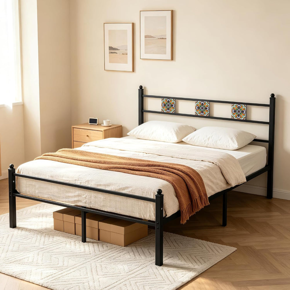 Full Metal Bed Frame with Ceramic Tile Decor Headboard
