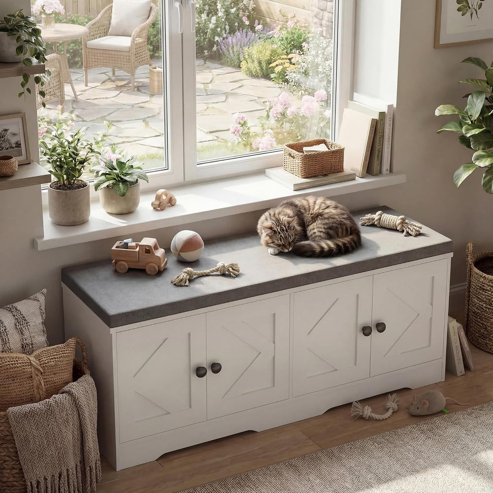 Apicizon Storage Bench with Seat Cushion, 2 Tier Entryway Bench with 4 Barn D...