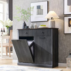 Modern Double Tilt-Out Trash Cabinet, 20 Gallon Fluted Laundry Hamper Cabinet with 2 Drawers, Wooden Hidden Garbage Can Cabinet with Storage Basket, Free Standing for Kitchen & Living Room, Grey