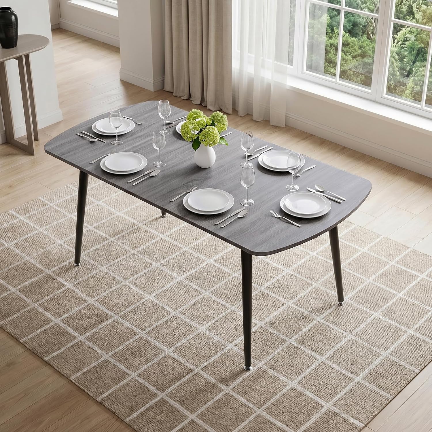HIPIHOM Extendable Dining Table Set for 6, 55.1" to 70.87" Expandable Kitchen & Dining Room Table with 6 Upholstered PU Leather Chairs (Grey Table)