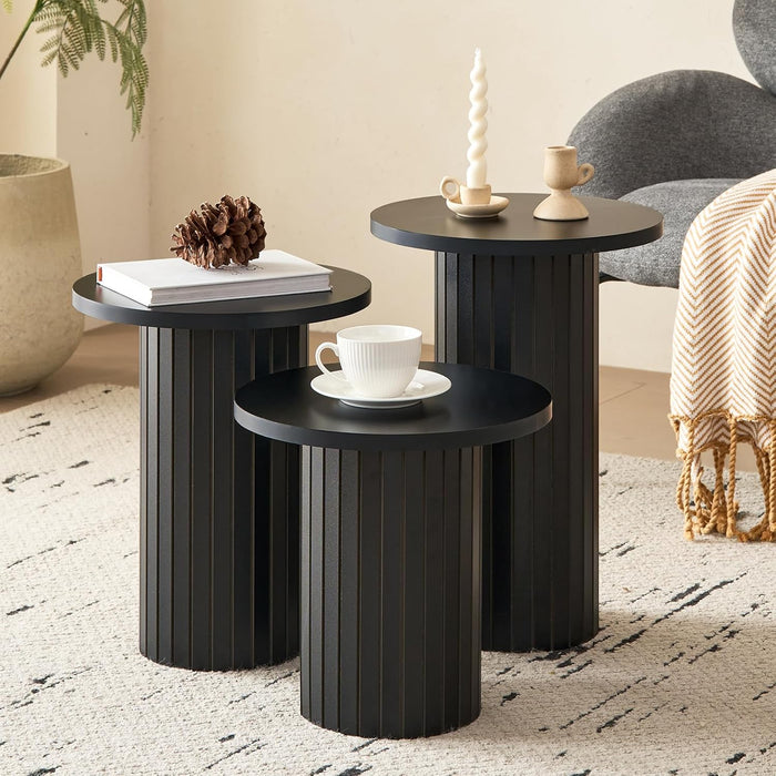 3-Piece Nesting Coffee Table Set Small Round Side Tables, Black