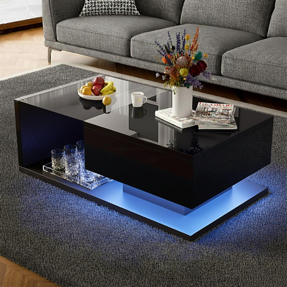holzart Compact Low-Profile Coffee Table with LED Lights & Storage, 39.4&...