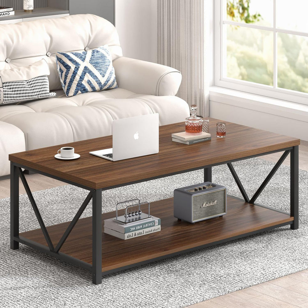 FOLUBAN Modern Coffee Table, Wood and Metal Center Table with Storage, Indust...