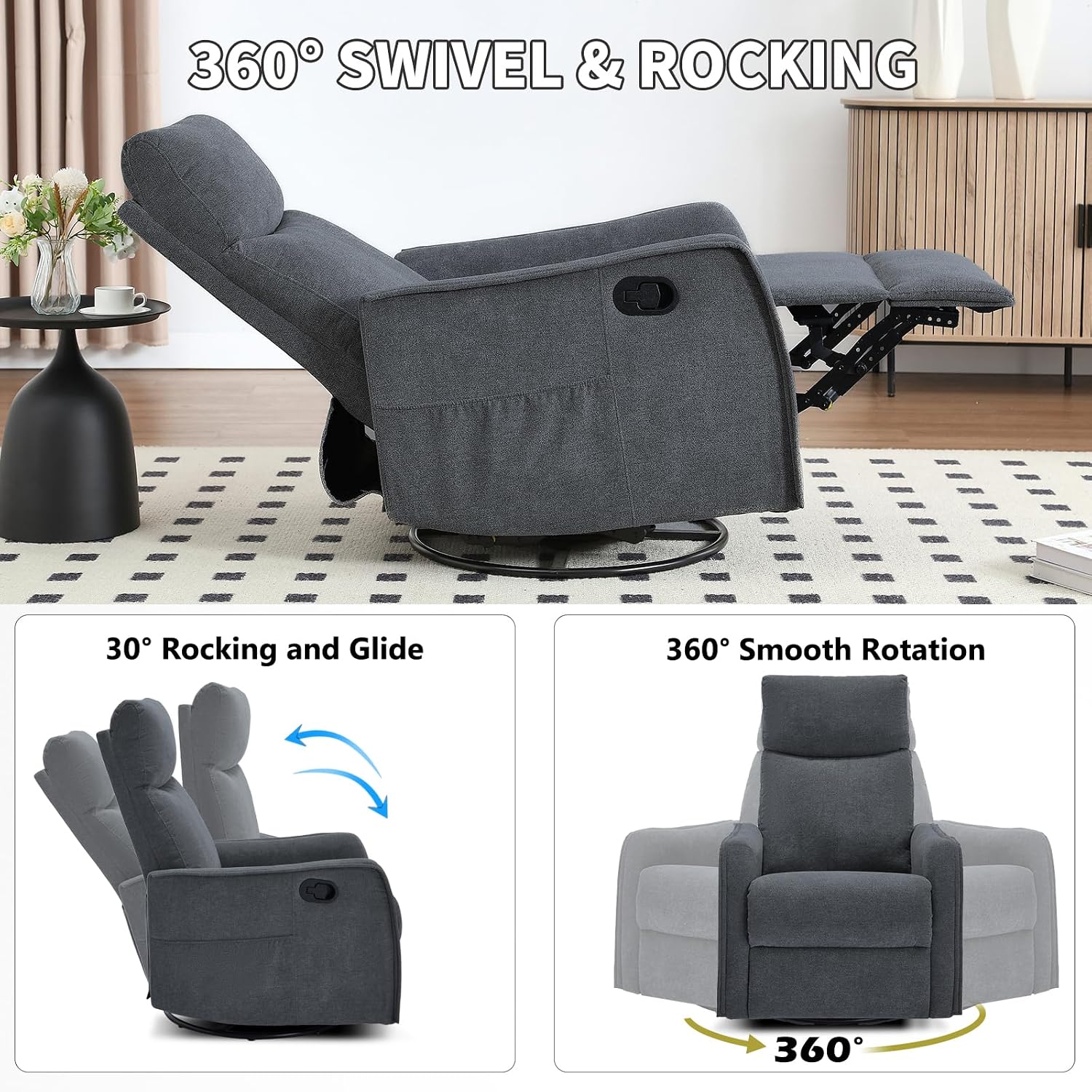 Trustyue Swivel Rocker Recliner Chair, 360° Swivel Recliner with Heat and Massage, Rocker Recliner Nursery Glider Chair with Side Pockets for Living Room (Grey, Fabric)