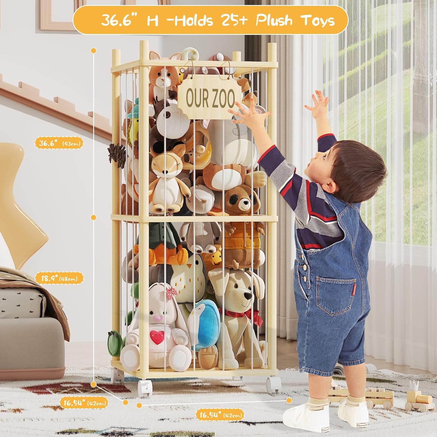 Stuffed Animal Storage with Net Wooden Toy Storage Organizer Stuffed Animal Zoo Storage with Lockable Wheels for Toddler Rooms, Playrooms & Bedrooms (2-Layers)