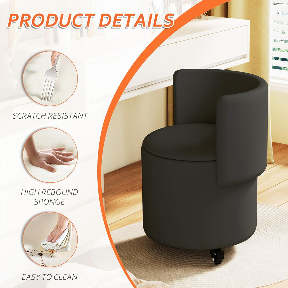 Round Vanity Chair with Storage, Rolling PU Leather Swivel Work Makeup Stool ...