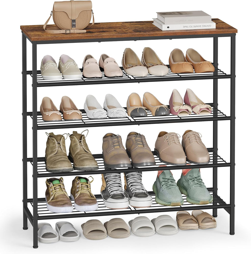 VASAGLE Shoe Rack, Shoe Storage Rack for Closet, Entryway, Living Room, Free Standing Metal Organizer Shelf, 5 Tiers, 11.8 x 29.5 x 34.3 Inches, for 18–24 Pairs, Rustic Brown and Ink Black ULBS050KD01