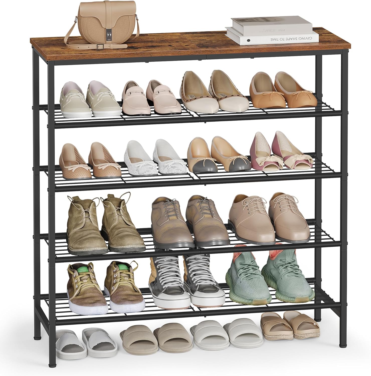 VASAGLE Shoe Rack, Shoe Storage Rack for Closet, Entryway, Living Room, Free Standing Metal Organizer Shelf, 5 Tiers, 11.8 x 29.5 x 34.3 Inches, for 18–24 Pairs, Rustic Brown and Ink Black ULBS050KD01