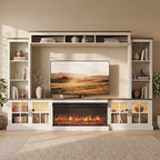 White 98” Farmhouse TV Stand with Fireplace, Entertainment Center, Wall Unit Media Console with Bookshelf, Cabinet & Power Outlets & Barn Doors, Fits TVs Up to 75” for Living Room