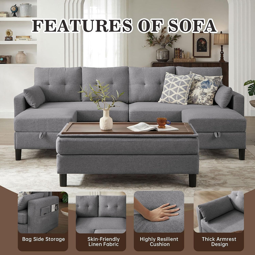 101" Convertible Sectional Sofa with Ottoman Coffee Table, Modern Linen ...