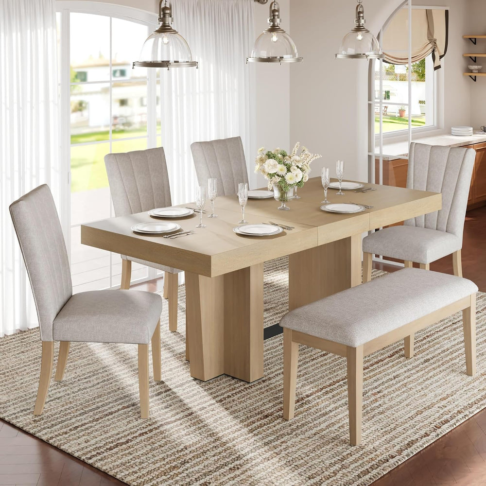 Quarte Farmhouse 78.1inch Extendable Wood Dining Table Set, 6-Piece Kitchen T...