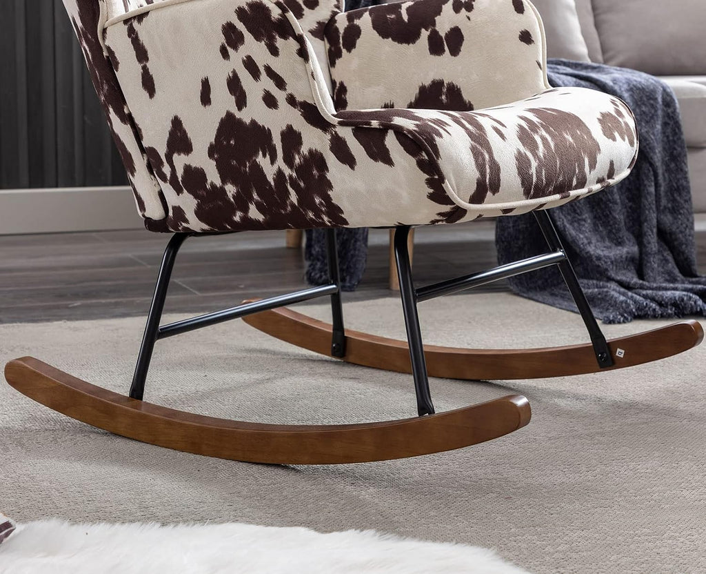 Shunzhi Modern Nursery Rocking Chair with Armrest, Upholstered Lazy Chair Tufted Side Chair Padded Reading Chair Comfy Club Chair Accent Chair for Living Room Bedroom Office Small Spaces, Cow