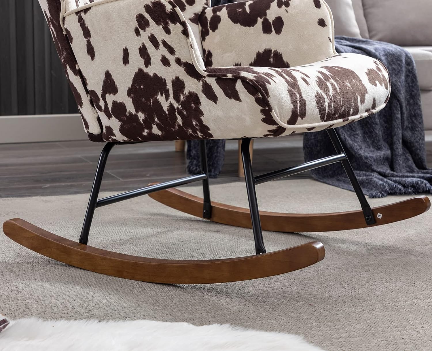 Shunzhi Modern Nursery Rocking Chair with Armrest, Upholstered Lazy Chair Tufted Side Chair Padded Reading Chair Comfy Club Chair Accent Chair for Living Room Bedroom Office Small Spaces, Cow