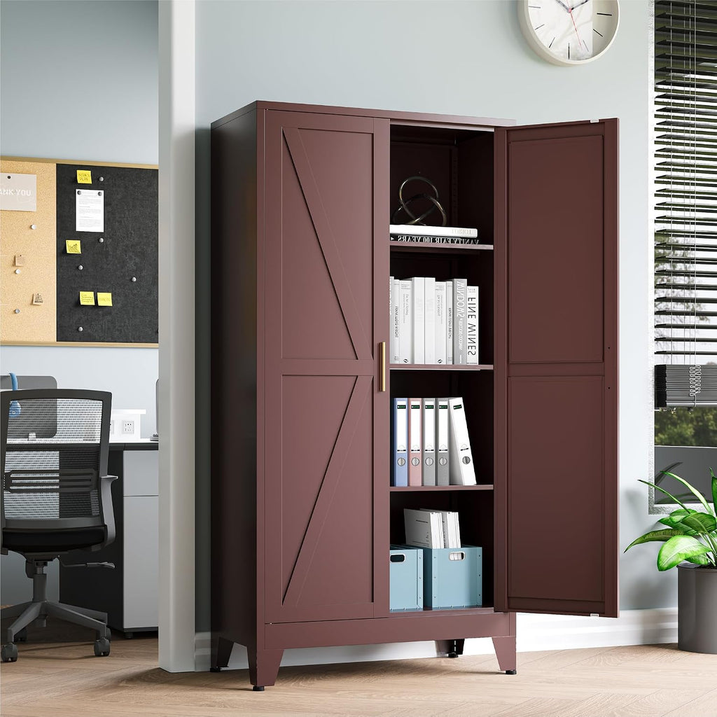 Baborokic 61H Metal Storage Cabinet with 2 Doors and Adjustable Shelves,Farmhouse Storage Cabinet with Barn Doors,Pantry Storage for Home,Office,Dining Room,Kitchen(Burgundy)