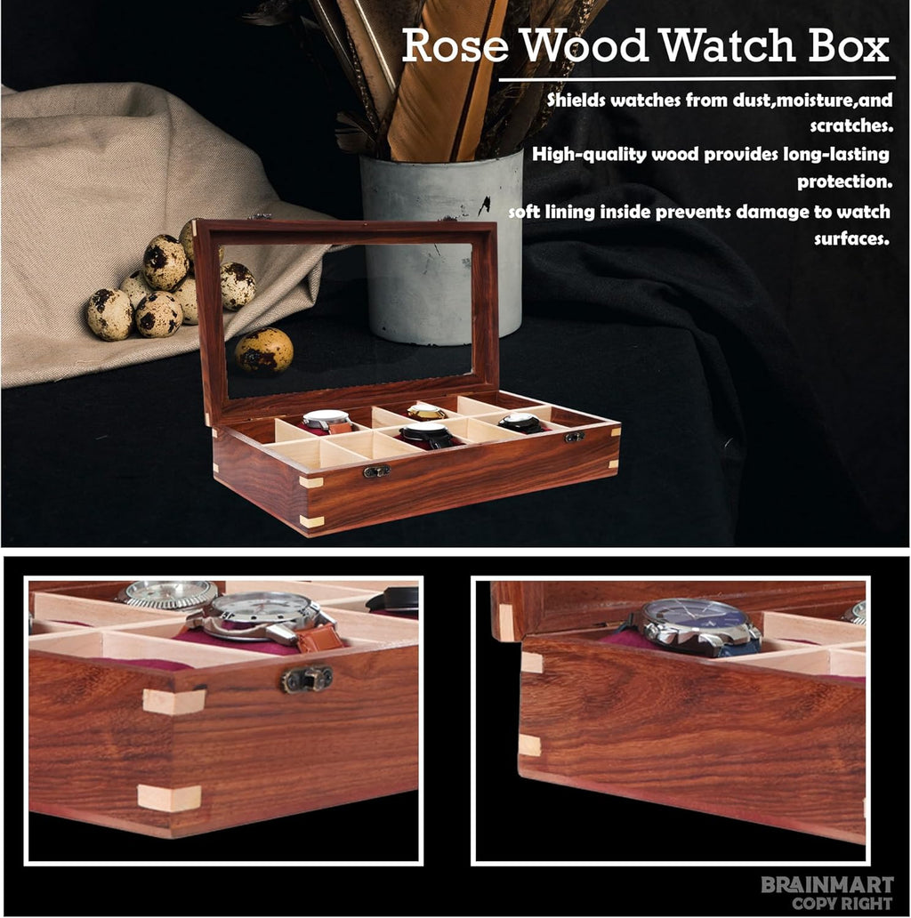 Wooden Watch Box for Men & Women, Watch Organizer & Display Case, Premium Long-Lasting Watch Holder for Storage, Elegant Gift for Watch Collectors (Glass Top, 12 Slots)