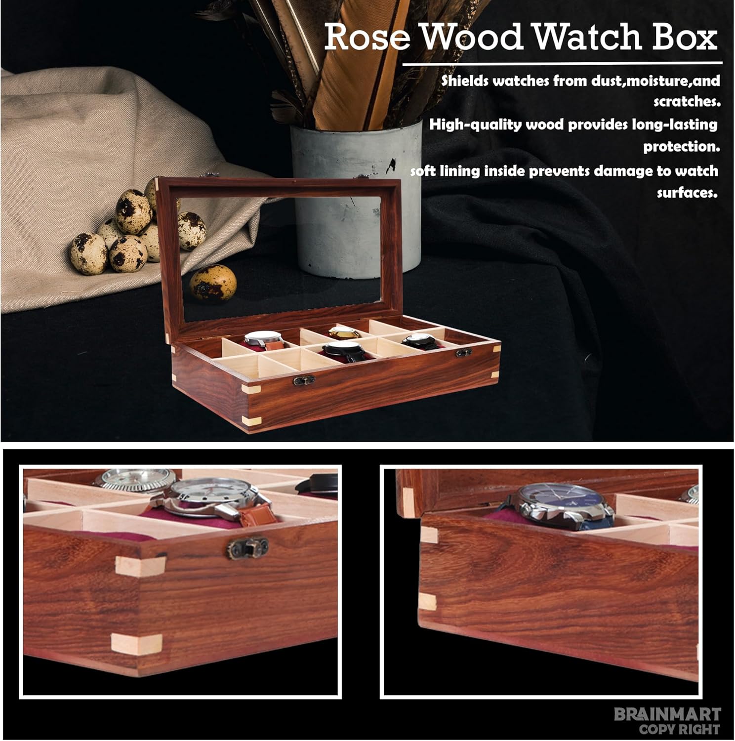 Wooden Watch Box for Men & Women, Watch Organizer & Display Case, Premium Long-Lasting Watch Holder for Storage, Elegant Gift for Watch Collectors (Glass Top, 12 Slots)