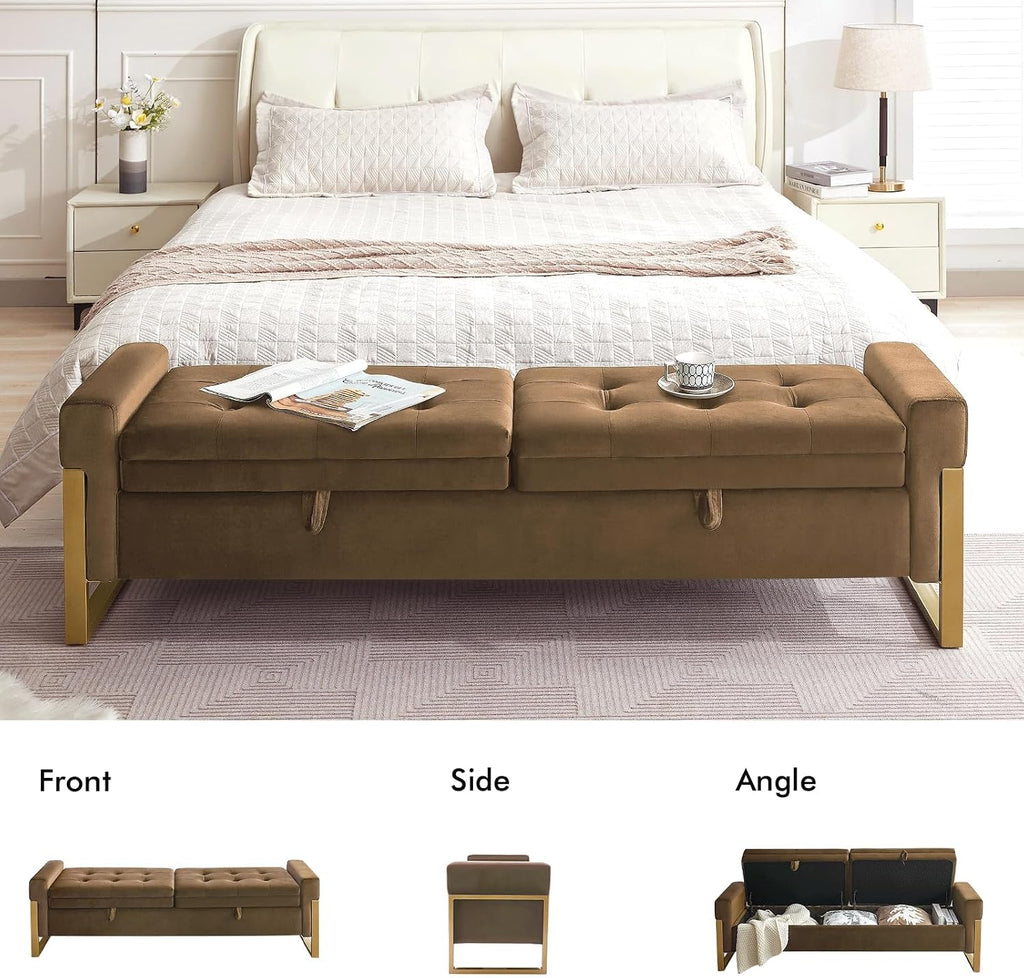 67" Storage Bench for Bedroom, End of Bed Bench King Size, Brown | Double Lids Storage Ottoman Bench with Golden Legs, Upholstered Velvet Bench for Foot of Bed Window Living Room Entryway