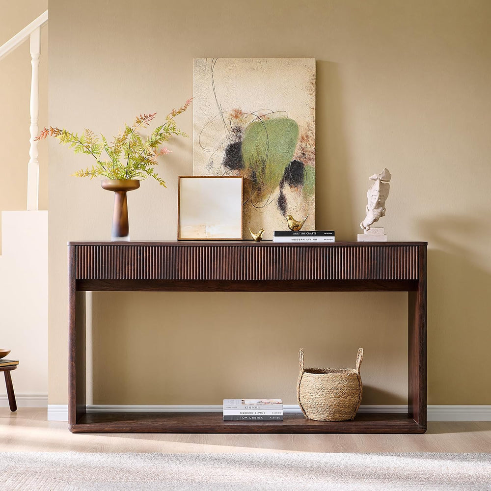 OKD 63" Fluted Console Table for Entryway with 2 Large Drawers, Dark Wal...