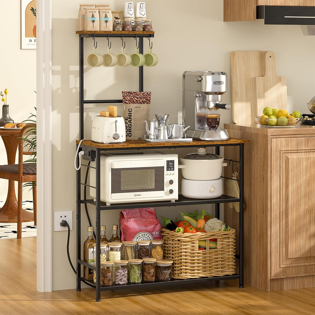 3IngSeagulls 4-Tier Bakers Rack with Power Outlet, 33 Inch Kitchen Microwave Stand with 6 S-Shaped Hooks, Coffee Bar Station with Adjustable Shelf, Rustic Brown