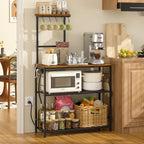 3IngSeagulls 4-Tier Bakers Rack with Power Outlet, 33 Inch Kitchen Microwave Stand with 6 S-Shaped Hooks, Coffee Bar Station with Adjustable Shelf, Rustic Brown