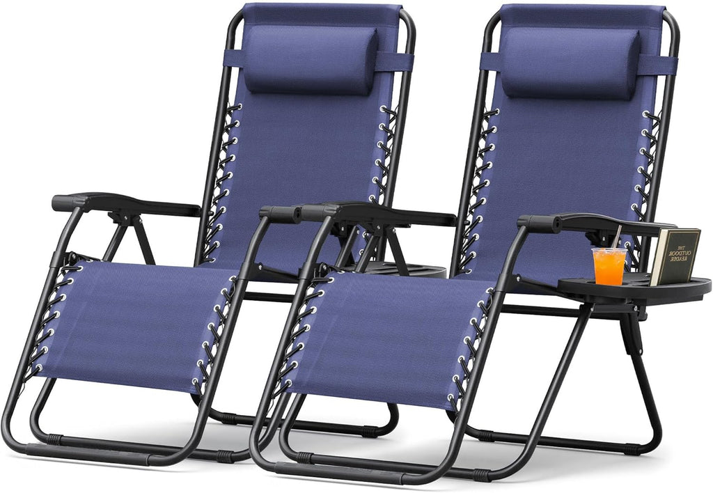Homall Zero Gravity Chair Patio Folding Lawn Outdoor Lounge Gravity Camp Reclining Lounge Chair with Cup Holder Pillows for Poolside Backyard and Beach Set of 2 (Blue)