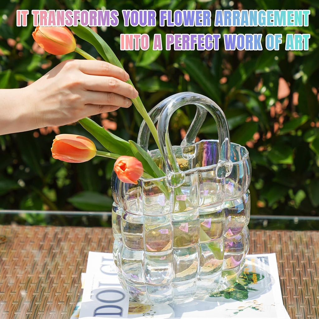 NiHome Glass Purse Vase Iridescent Glass Bag Vase with Handle Handbag Shape | Iridescent Glass Vase for Flowers Farmhouse Decor, Handmade Wide Mouth Glass Vase for Home Living Room Dining Table Décor
