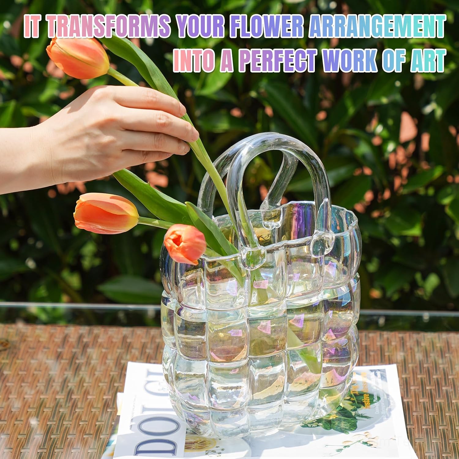 NiHome Glass Purse Vase Iridescent Glass Bag Vase with Handle Handbag Shape | Iridescent Glass Vase for Flowers Farmhouse Decor, Handmade Wide Mouth Glass Vase for Home Living Room Dining Table Décor