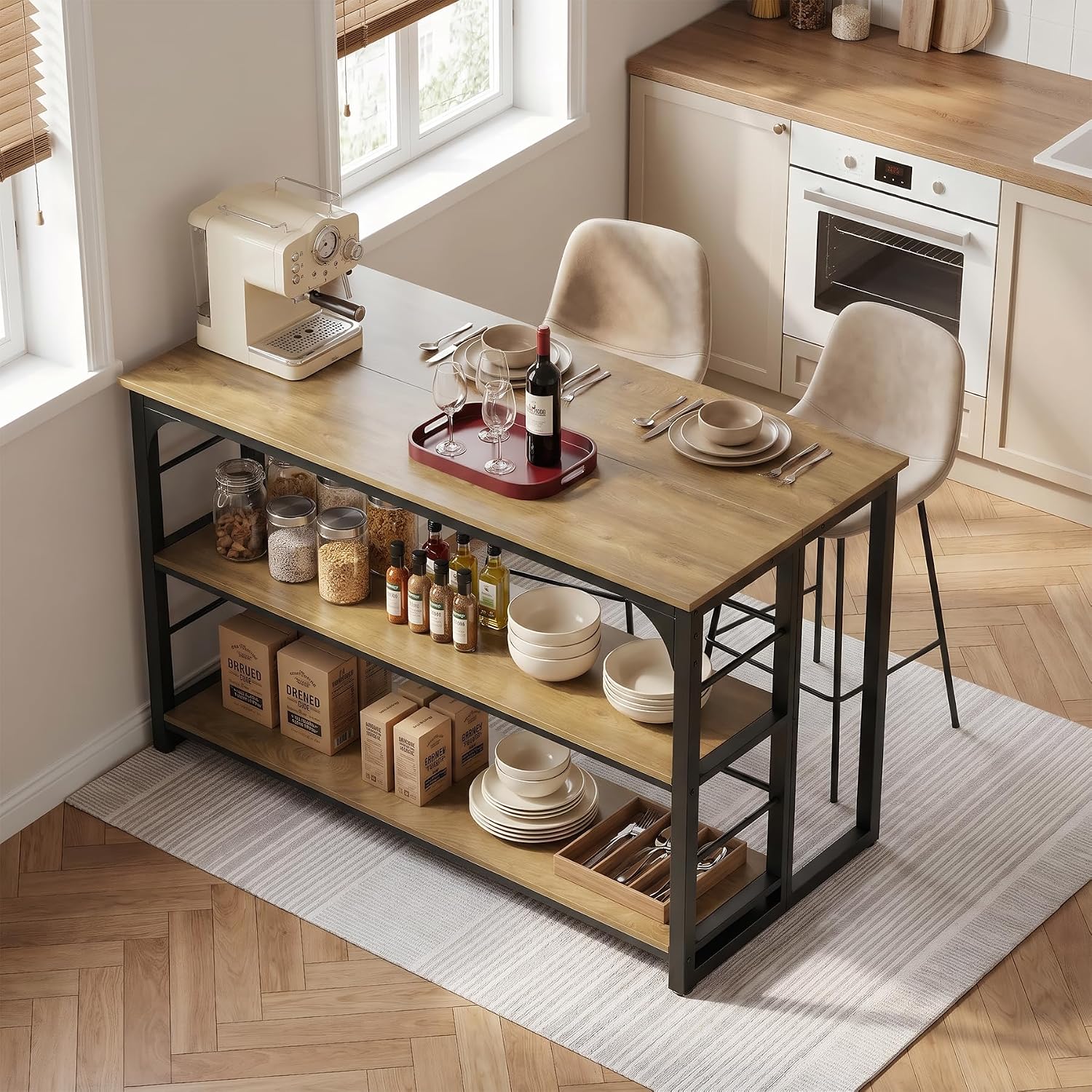 LITTLE TREE Kitchen Island with Storage, 63 Inches Width Kitchen Shelf with Large Worktop, Modern Kitchen Counter for Dining Room, Kitchen, Living Room, Easy to Assemble, Brown & Black