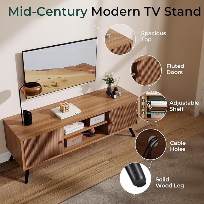 COMHOMA TV Stand for Living Room, Mid Century Modern Entertainment Center for 55/60/65 Inch TVs, Retro Brown TV Console with Fluted Door Cabinets and Open Adjustable Shelve Storage for Bedroom (53In)