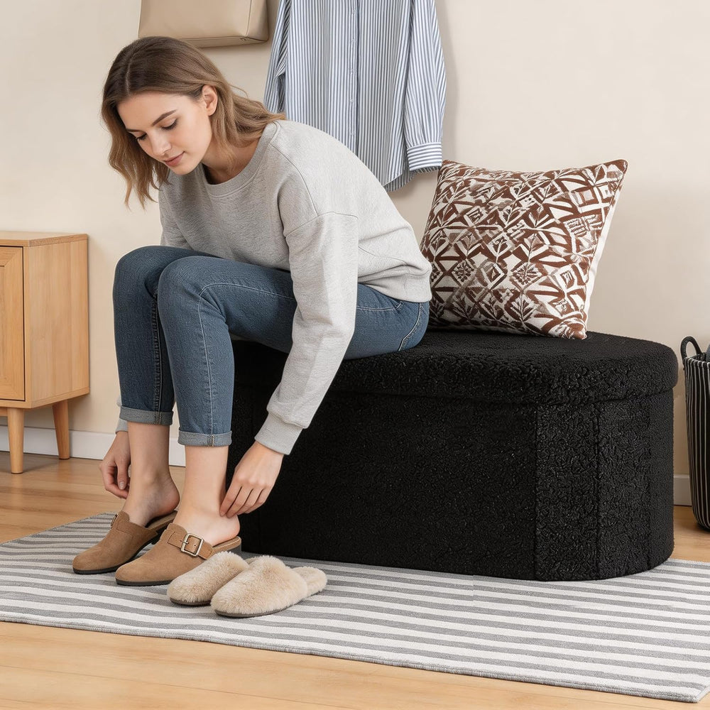 DUMOS Folding Storage Ottoman Bench, Oval Round Ottoman End of Bed Foot Rest ...