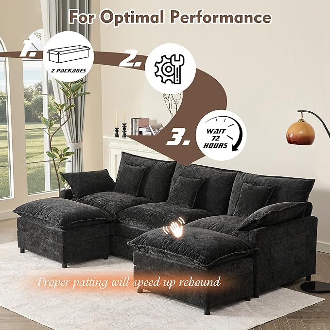 108" U Shaped Couch, Modular Sectional Sofa, 3-Seater Comfy Cloud Couch, Set of Modular Pieces with Movable Ottoman, Deep Seat Couches for Living Room, Chenille, Black