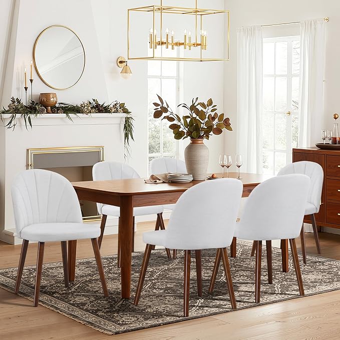 Fabric Dining Chairs Set of 4, Upholstered Mid Century Modern Dining Chairs, Armless Accent Chair with Walnut Wood Legs for Kitchen, Living Room, Dining Room, White
