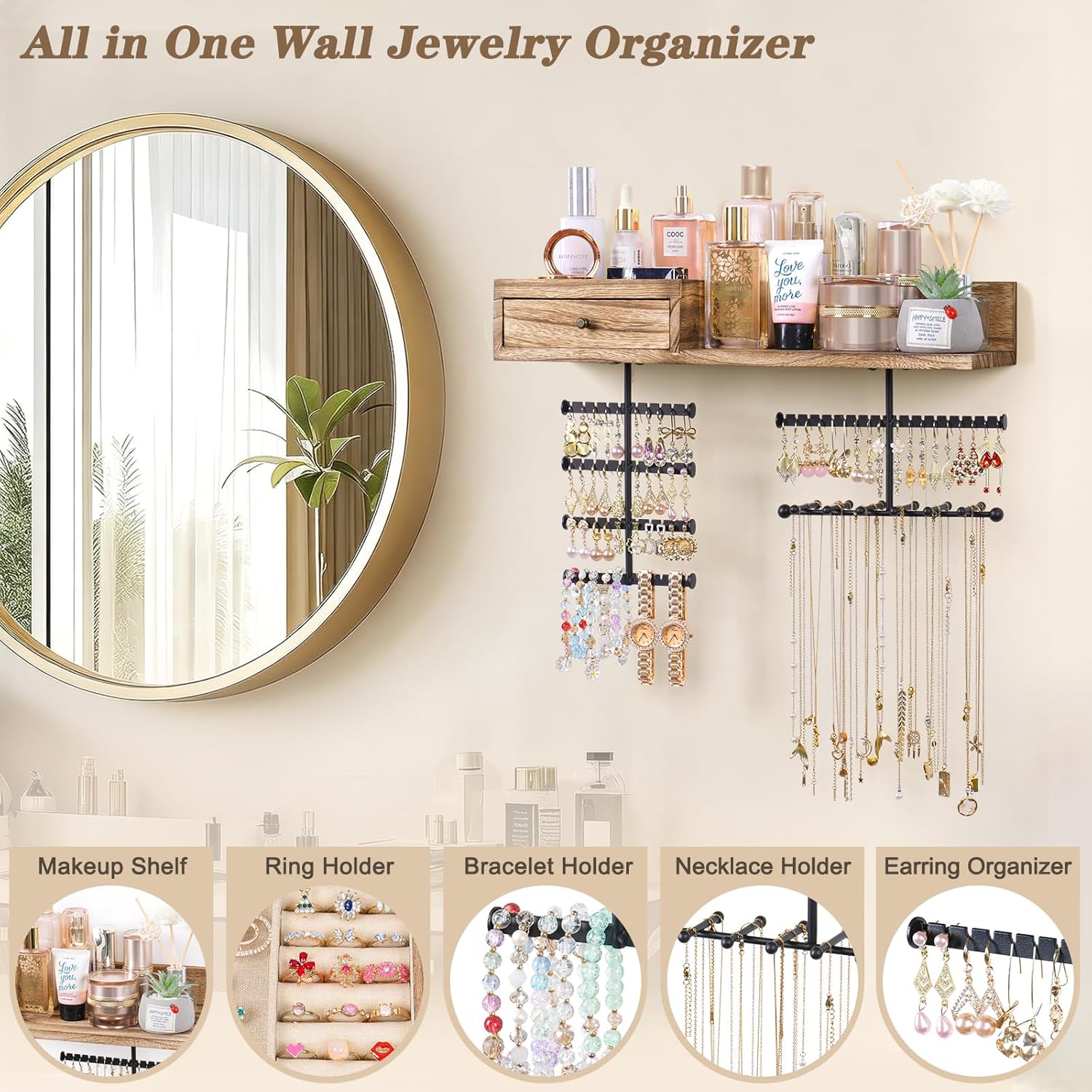 VINAEMO Jewelry Organizer Hanging Wall Mounted Jewelry Holder with Rustic Wood Drawer & Large Capacity Storage Shelf Rack Display for Earrings Rings Necklaces Bracelet