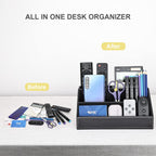 KINGFOM Pu Leather Desk Organizer with 5 Compartments Holder, Multi-Functional Office Supplies Storage Caddy for Pen/Pencil, Phones, Remote Controller and Desktop Accessorie Black
